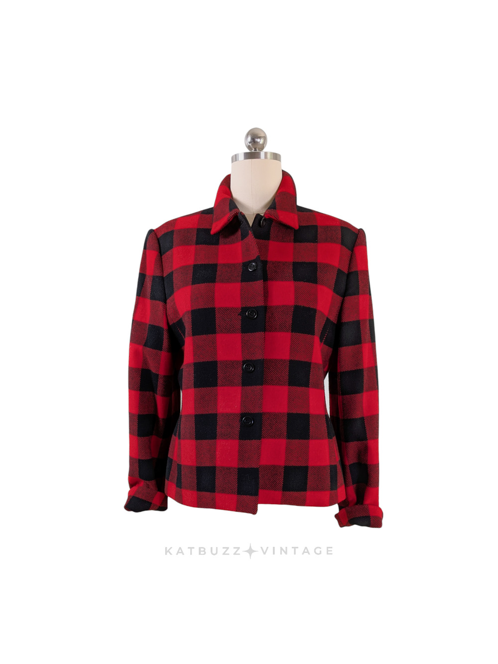 Vintage Buffalo Plaid Wool Blazer 10 Red Black Check 90s Button Work Classic